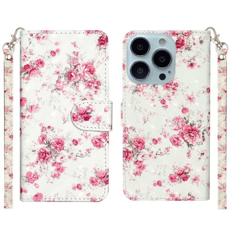 Kožené Puzdro iPhone 13 Pro Max Popruh Svetlo Spot Kvety