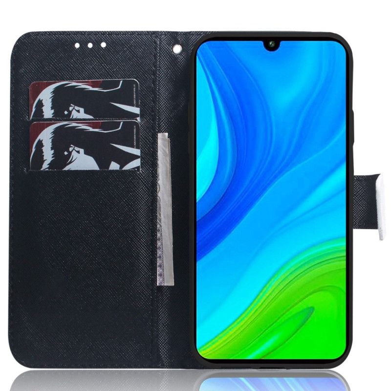 Kožené Puzdro Xiaomi Redmi 10A Biela Mačka Čierna Mačka S Popruhom