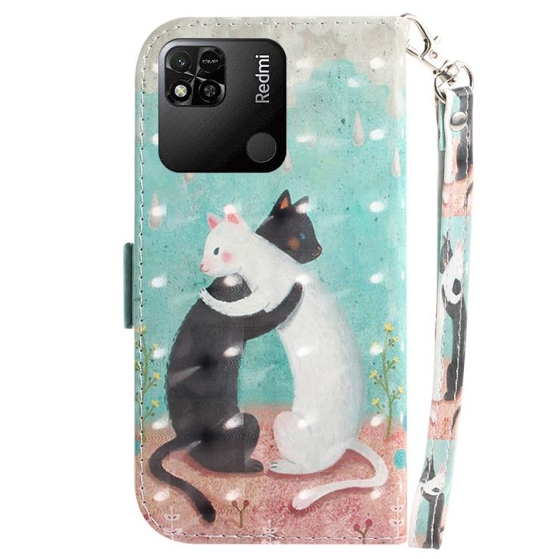Kožené Puzdro Xiaomi Redmi 10A Biela Mačka Čierna Mačka S Popruhom