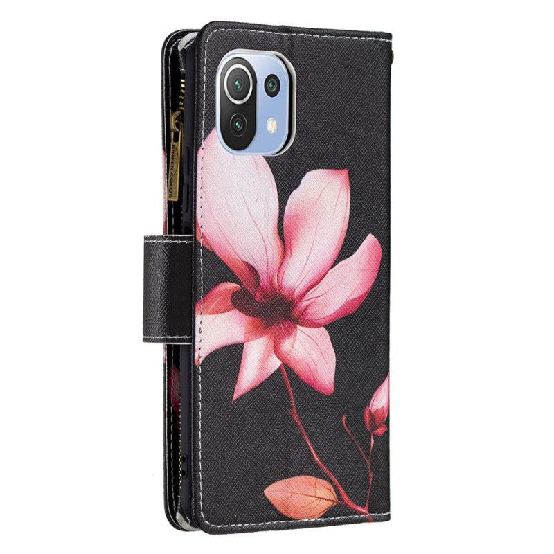 Kožené Puzdro Xiaomi Mi 11 Lite 4G / 5G / 5G NE Vrecko Na Zips S Ružovým Kvetom