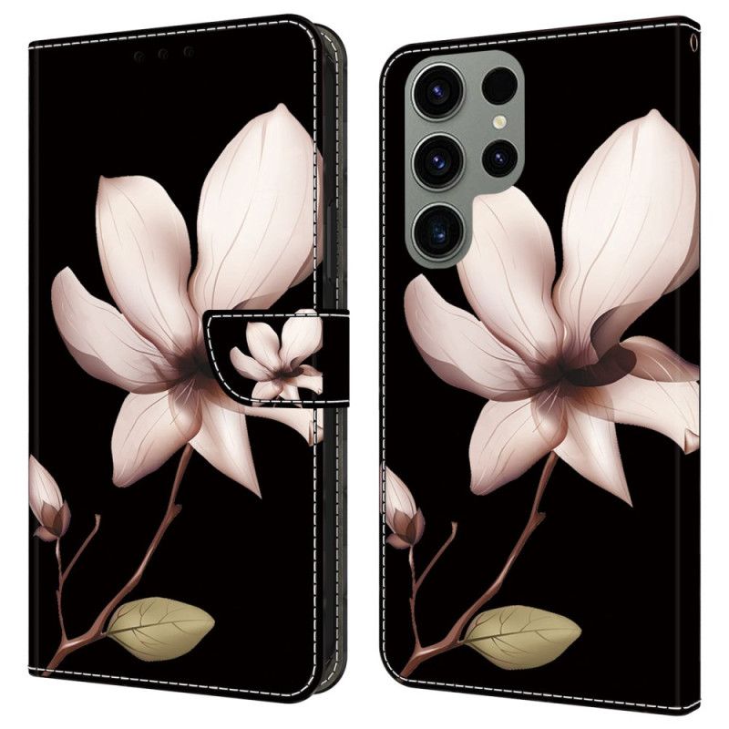 Kožené Puzdro Samsung Galaxy S24 Ultra 5g Kryt Na Mobil Ružový Kvet Na Čiernom Pozadí