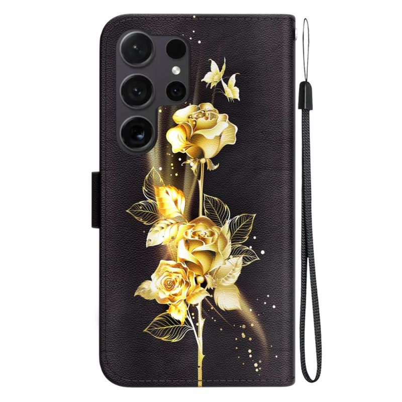 Puzdro Samsung Galaxy S24 Ultra 5g Zlatý Motýľ A Ruža S Remienkom