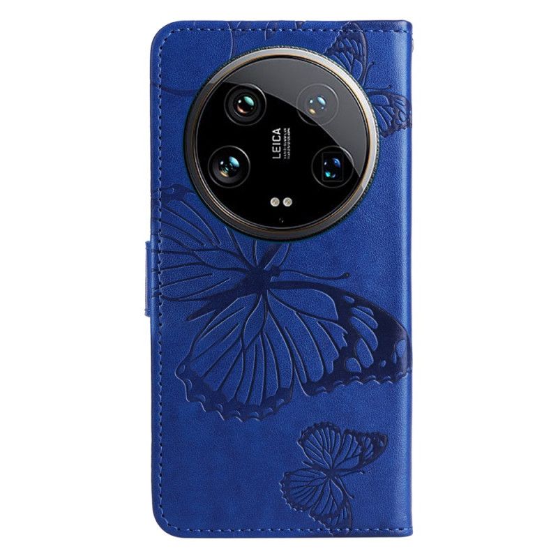 Kožené Puzdro Xiaomi 14 Ultra Kryt Na Mobil Obrovské Motýle S Remienkom