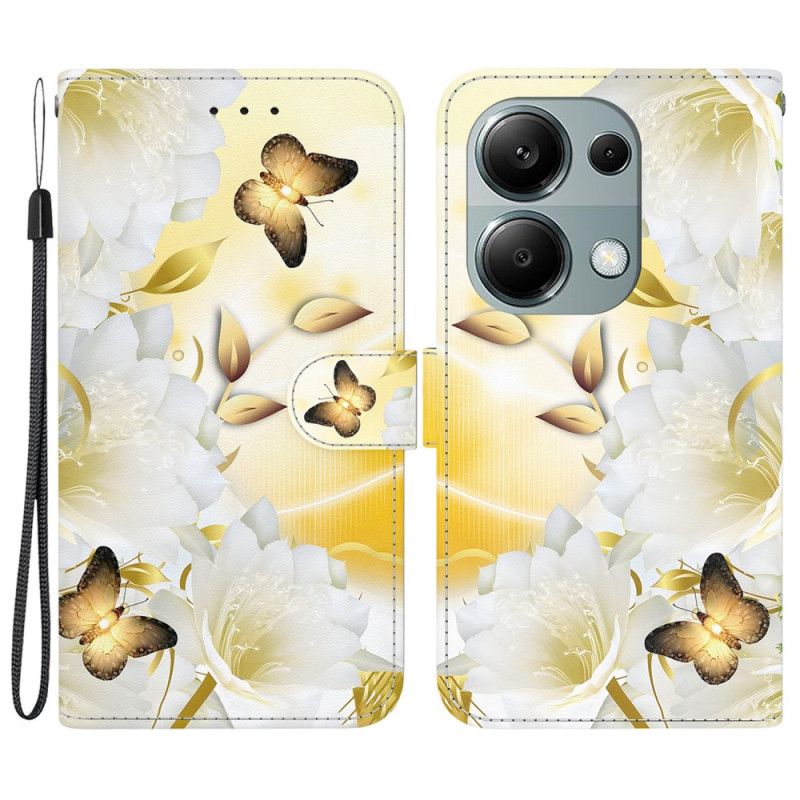 Puzdro Xiaomi Redmi Note 13 Pro 4g Zlaté Motýle A Biele Kvety S Remienkom