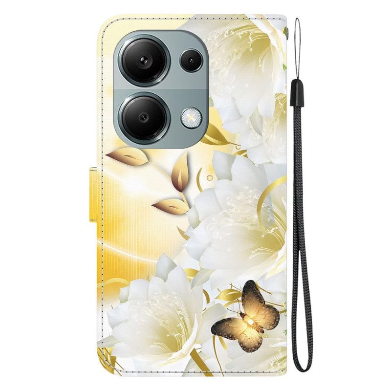 Puzdro Xiaomi Redmi Note 13 Pro 4g Zlaté Motýle A Biele Kvety S Remienkom