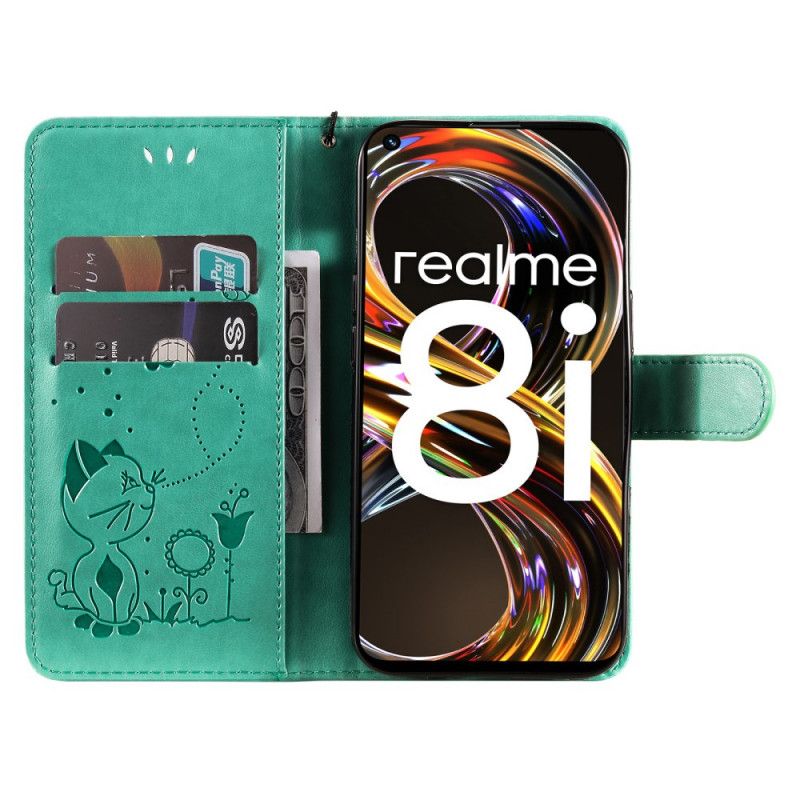 Kožené Puzdro Realme 8i Mačka A Včielka So Šnúrkou