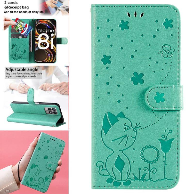 Kožené Puzdro Realme 8i Mačka A Včielka So Šnúrkou