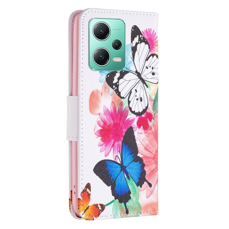 Peňaženkový Kryt Xiaomi Redmi Note 12 5G Akvarelové Motýle