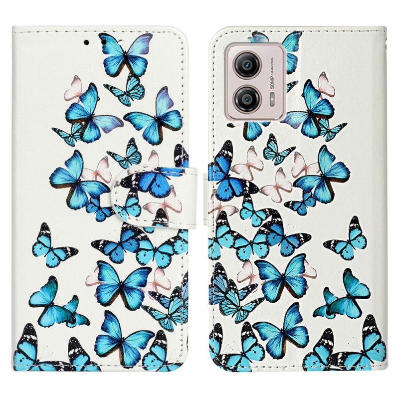 Kožené Puzdro Moto G73 5G Blue Butterflies In Strap Flight