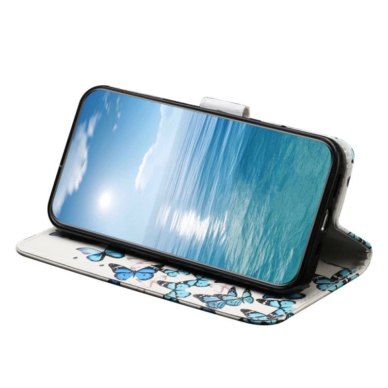 Kožené Puzdro Moto G73 5G Blue Butterflies In Strap Flight