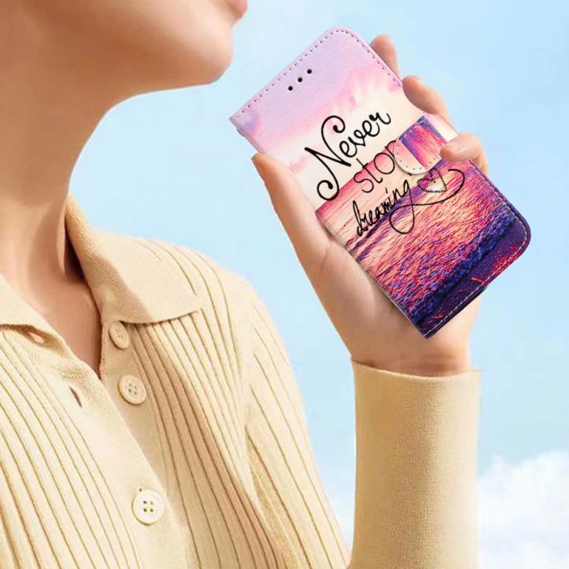 Kožené Puzdro Moto G73 5G Nikdy Neprestaň Snívať Strappy
