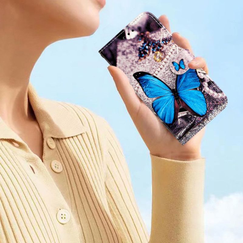 Kožené Puzdro Moto G73 5G Vzácny Modrý Motýľ S Remienkom