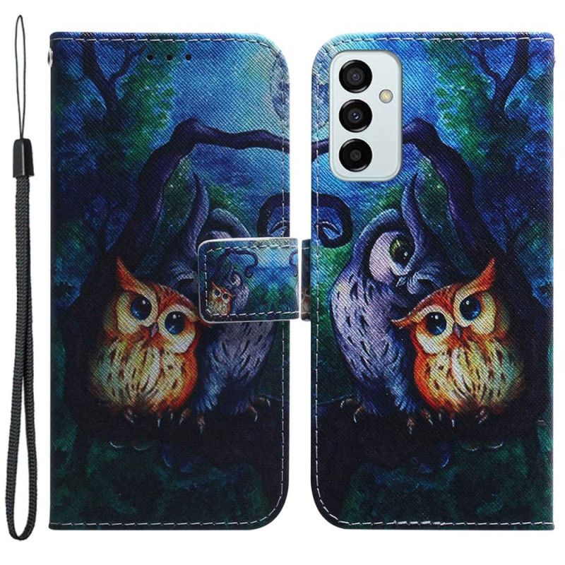 Kožené Puzdro Samsung Galaxy M13 Maľba Strappy Owls