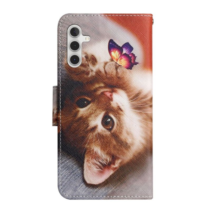 Kožené Puzdro Samsung Galaxy A54 5G Mačka A Motýľ So Šnúrkou