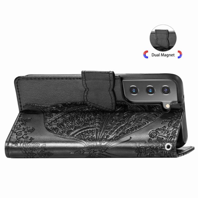 Kožené Puzdro Samsung Galaxy S22 Plus 5G Dizajn Motýľa So Šnúrkou