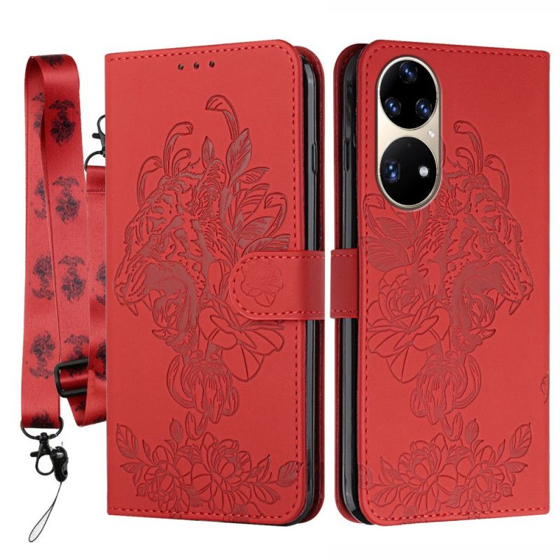 Peňaženkový Kryt Huawei P50 Pro Strappy Barokový Tiger