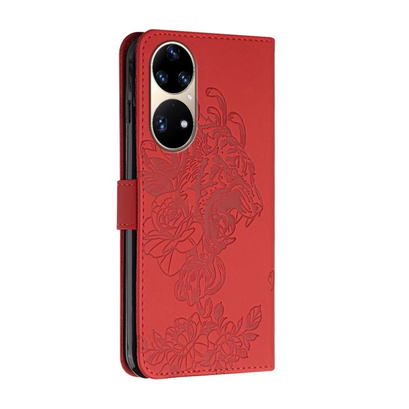Peňaženkový Kryt Huawei P50 Pro Strappy Barokový Tiger