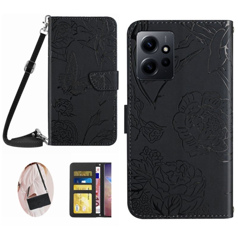 Kožené Puzdro Xiaomi Redmi Note 12 4G Motýle A Ramenný Popruh