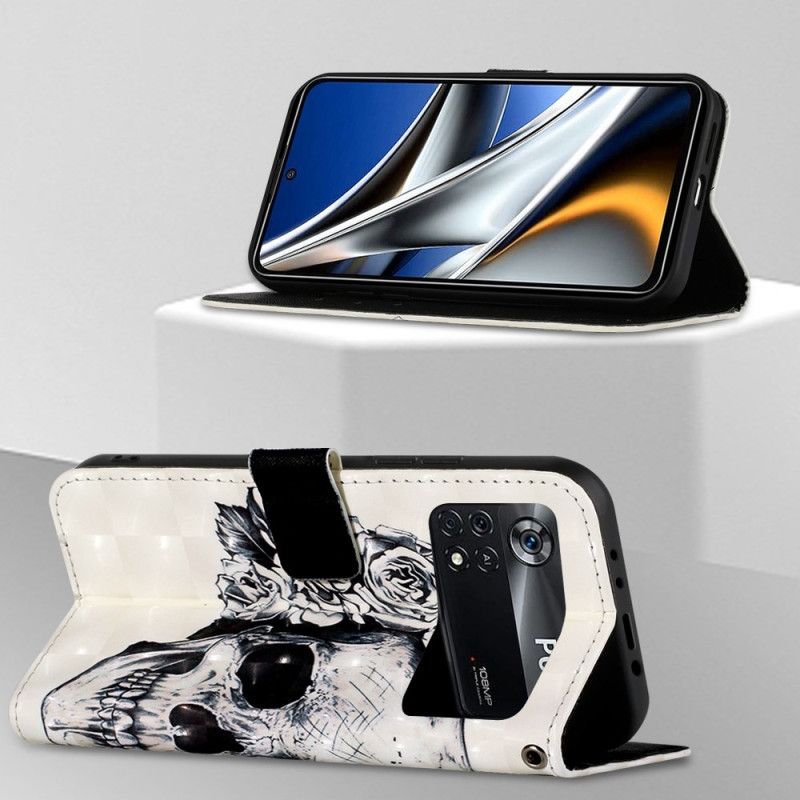 Kožené Puzdro Poco X4 Pro 5G Kvetinová Lebka S Remienkom