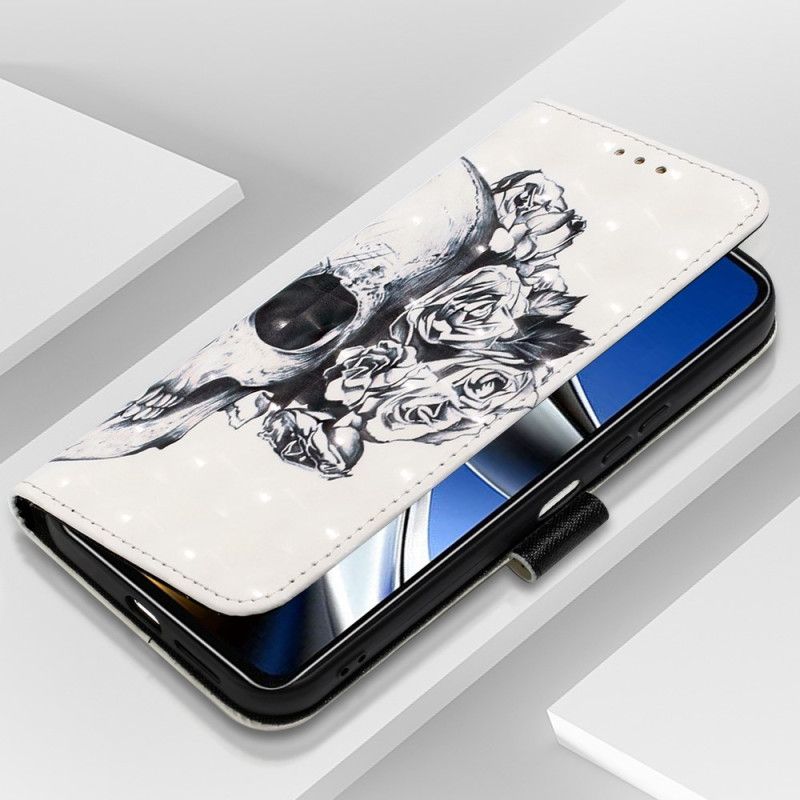 Kožené Puzdro Poco X4 Pro 5G Kvetinová Lebka S Remienkom