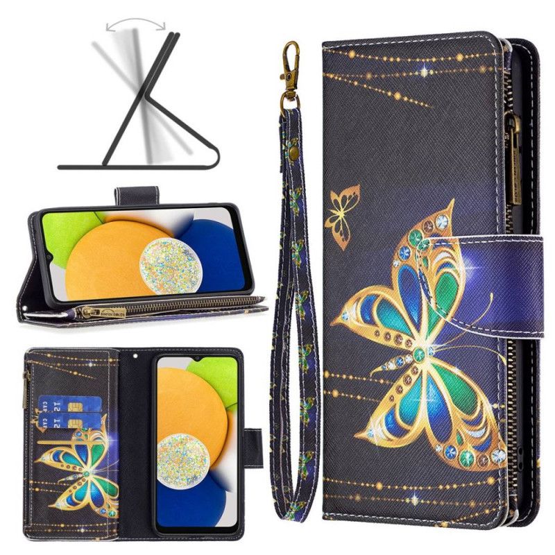 Kožené Puzdro Samsung Galaxy M23 5G Butterflies Kabelka Na Mince A Šnúrka Na Krk