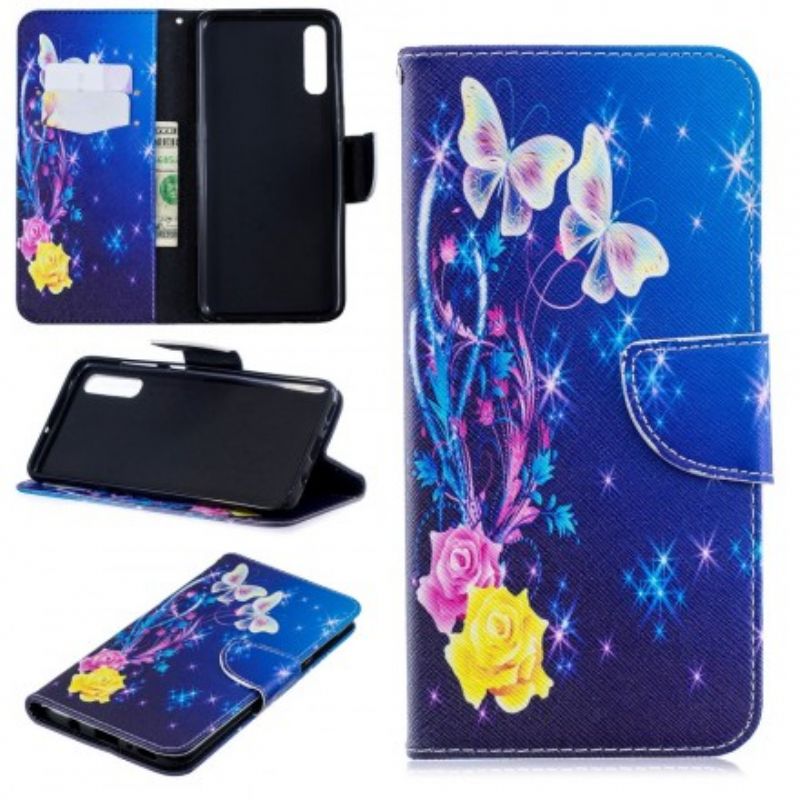 Kožené Puzdro Samsung Galaxy A70 Zlaté Motýle