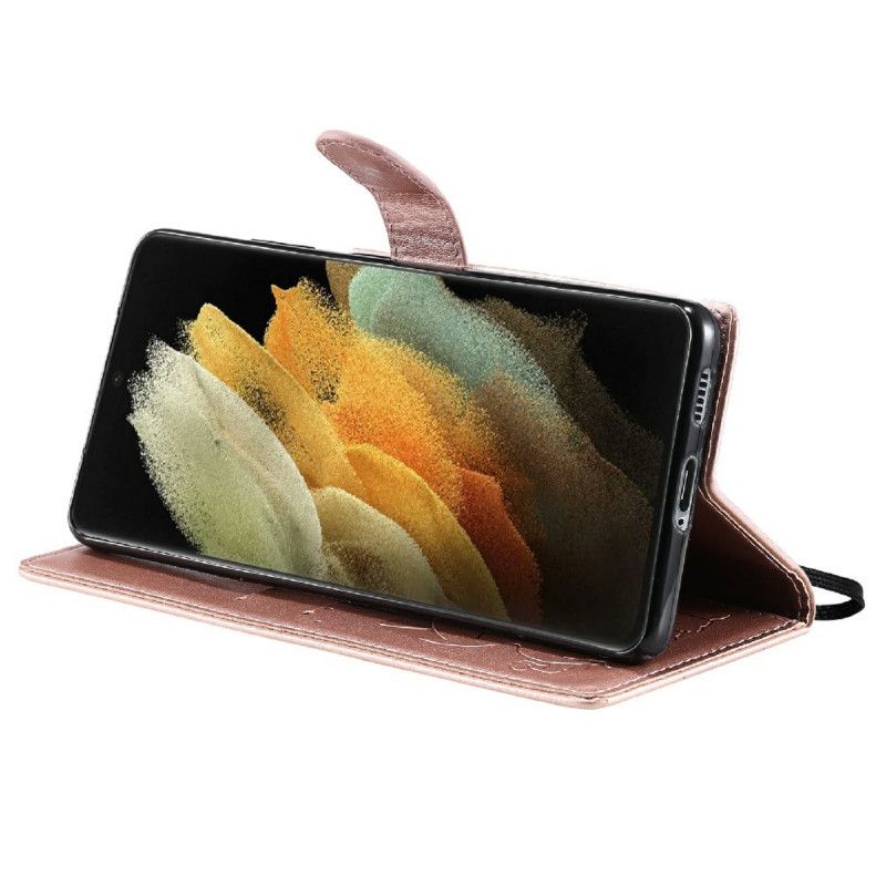 Kožené Puzdro Samsung Galaxy S21 Ultra 5G Mačka A Včielka So Šnúrkou