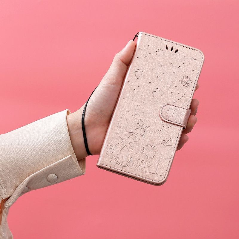 Kožené Puzdro Samsung Galaxy S21 Ultra 5G Mačka A Včielka So Šnúrkou