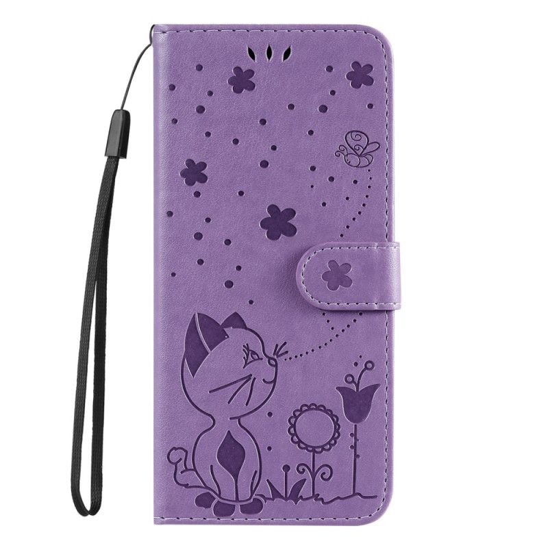 Kožené Puzdro Honor Magic 5 Lite Mačka A Včielka So Šnúrkou