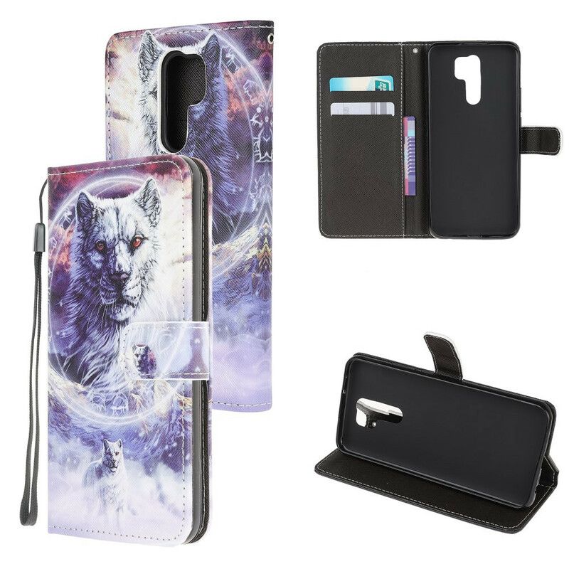 Kožené Puzdro Xiaomi Redmi 9 Vlk V Zime S Lanyardom