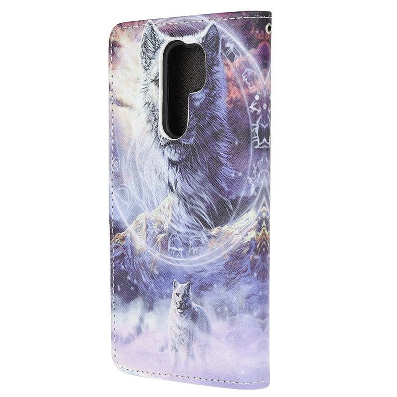 Kožené Puzdro Xiaomi Redmi 9 Vlk V Zime S Lanyardom
