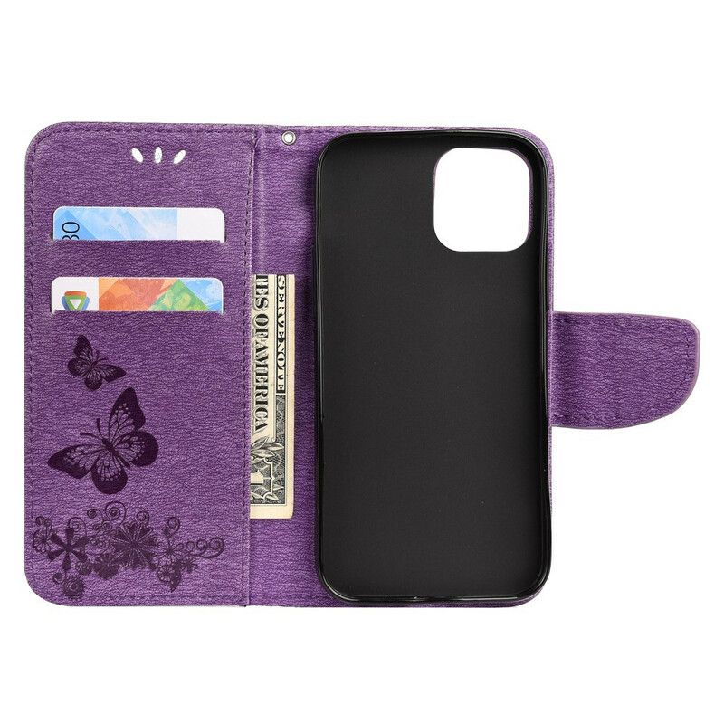 Kožené Puzdro iPhone 12 Mini Nádherné Motýle Na Remienku