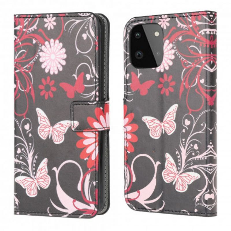 Kožené Puzdro Samsung Galaxy A22 5G Motýle A Kvety