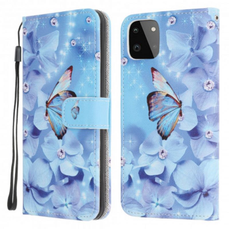 Kožené Puzdro Samsung Galaxy A22 5G Strappy Diamond Butterflies