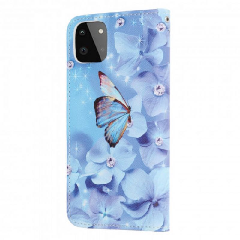 Kožené Puzdro Samsung Galaxy A22 5G Strappy Diamond Butterflies