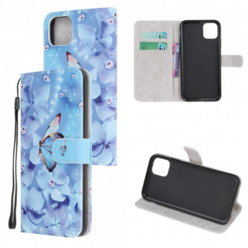 Kožené Puzdro Samsung Galaxy A22 5G Strappy Diamond Butterflies