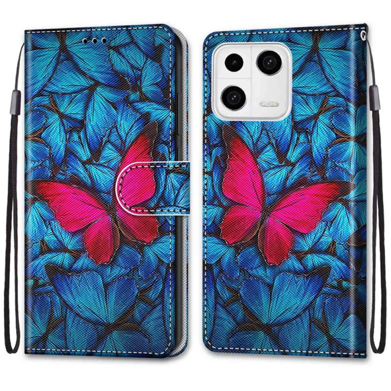 Kožené Puzdro Xiaomi 13 Červený Motýľ Modré Pozadie
