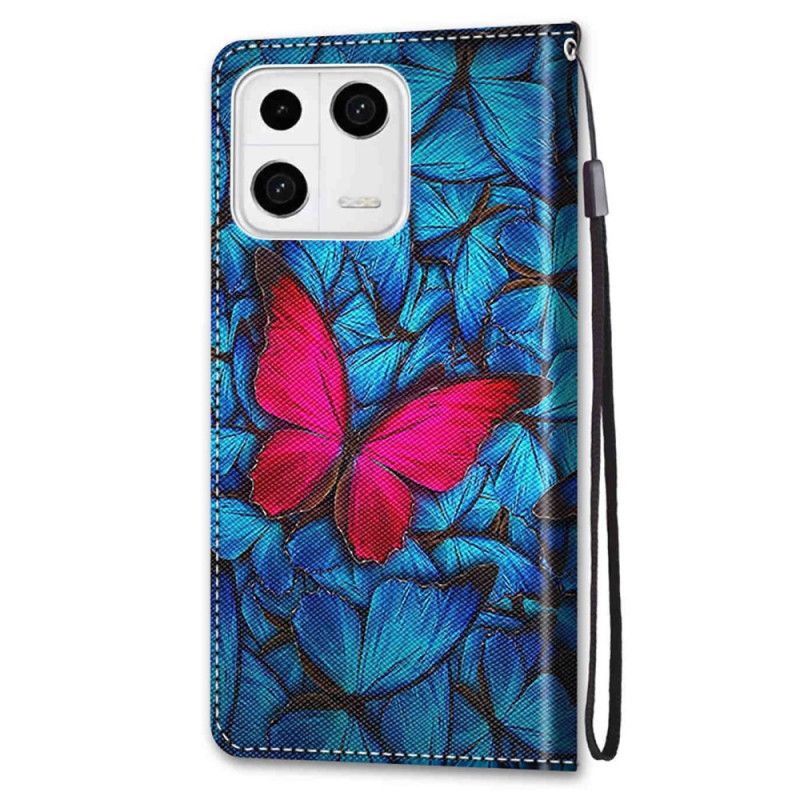 Kožené Puzdro Xiaomi 13 Červený Motýľ Modré Pozadie