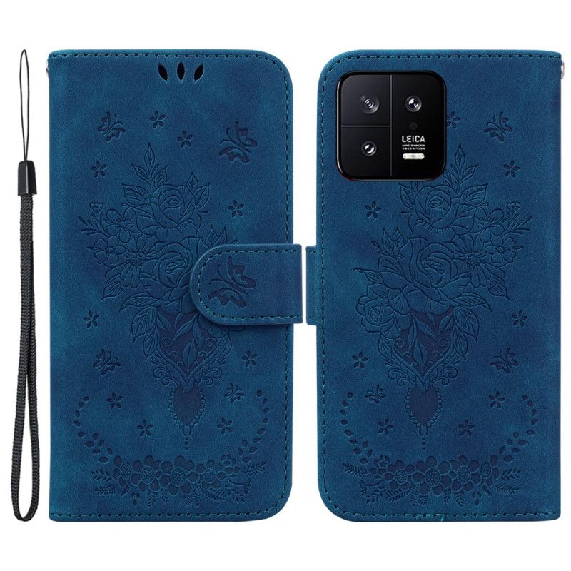 Peňaženkový Kryt Xiaomi 13 Strappy Ruže A Motýle