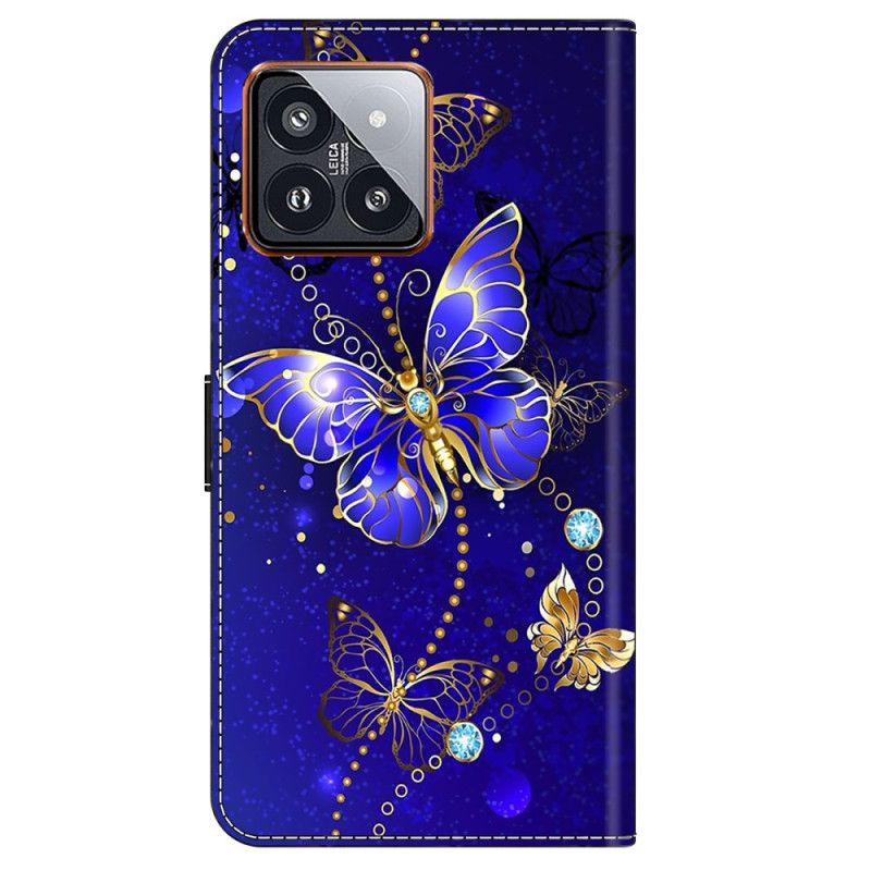 Kožené Puzdro Xiaomi 14 Pro Kryt Na Mobil Diamantové Motýle