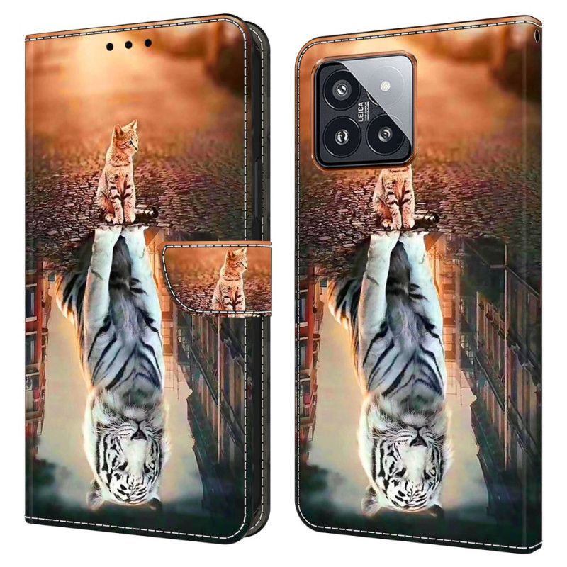 Kožené Puzdro Xiaomi 14 Pro Kryt Na Mobil Mačka A Tiger