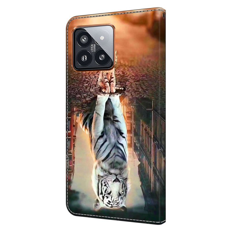 Kožené Puzdro Xiaomi 14 Pro Kryt Na Mobil Mačka A Tiger