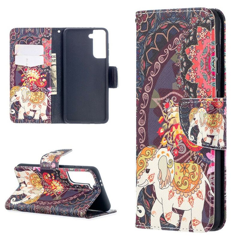 Kožené Puzdro Samsung Galaxy S21 5G Mandala Etnických Slonov