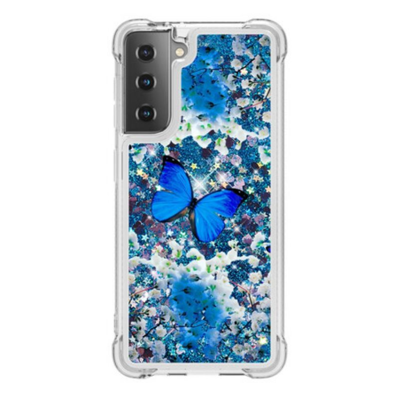 Kryt Samsung Galaxy S21 5G Glitter Blue Butterflies