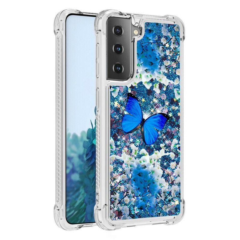 Kryt Samsung Galaxy S21 5G Glitter Blue Butterflies
