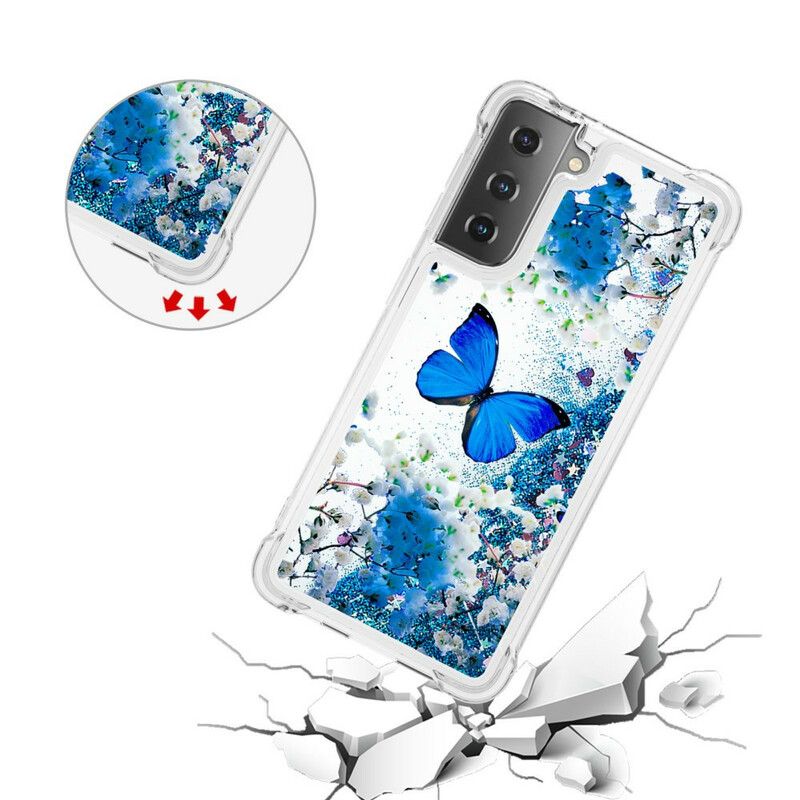Kryt Samsung Galaxy S21 5G Glitter Blue Butterflies