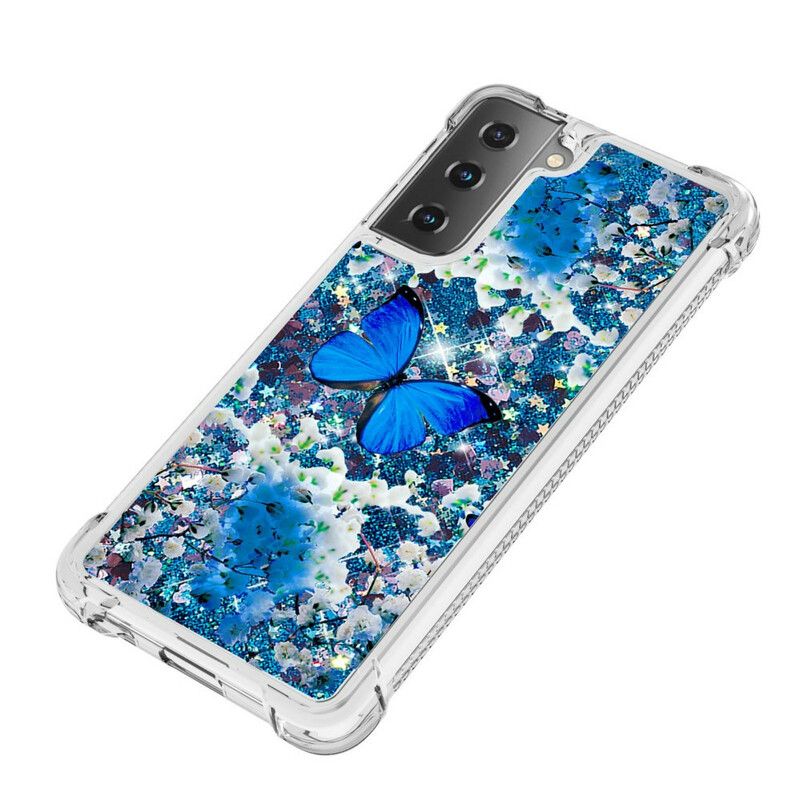 Kryt Samsung Galaxy S21 5G Glitter Blue Butterflies