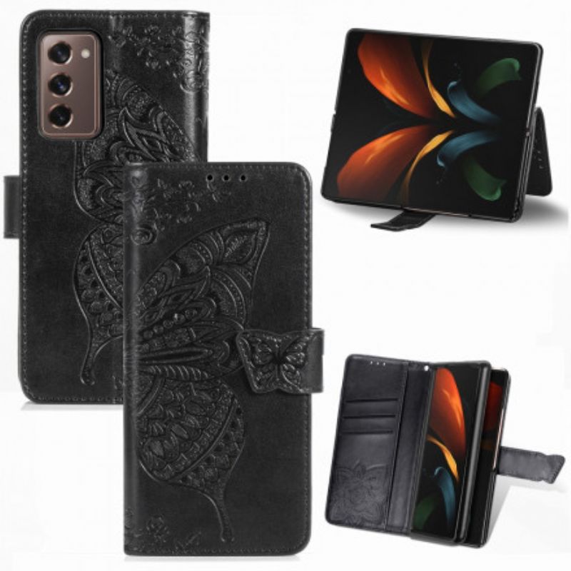 Kožené Puzdro Samsung Galaxy Z Fold 2 Dizajn Motýľa So Šnúrkou