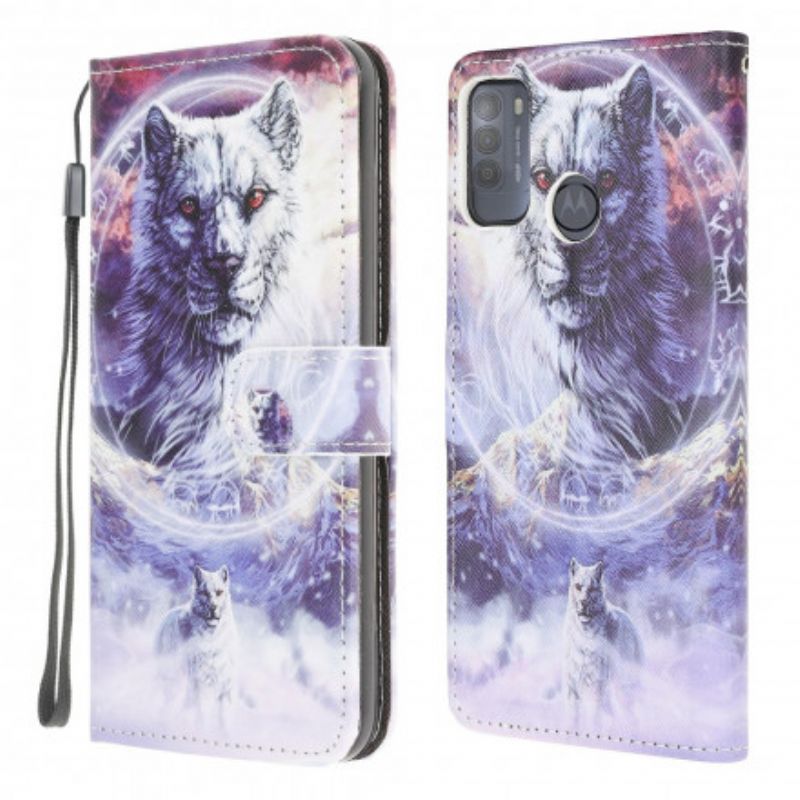 Kožené Puzdro Moto G50 Vlk V Zime S Lanyardom