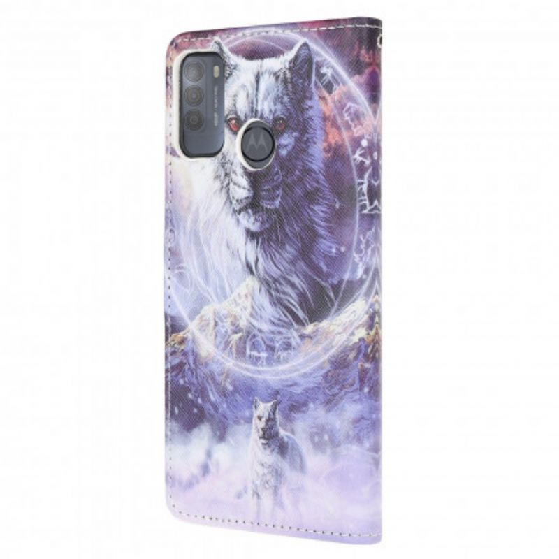 Kožené Puzdro Moto G50 Vlk V Zime S Lanyardom